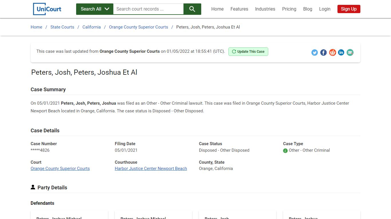 Peters, Josh, Peters, Joshua Et Al | Court Records - UniCourt